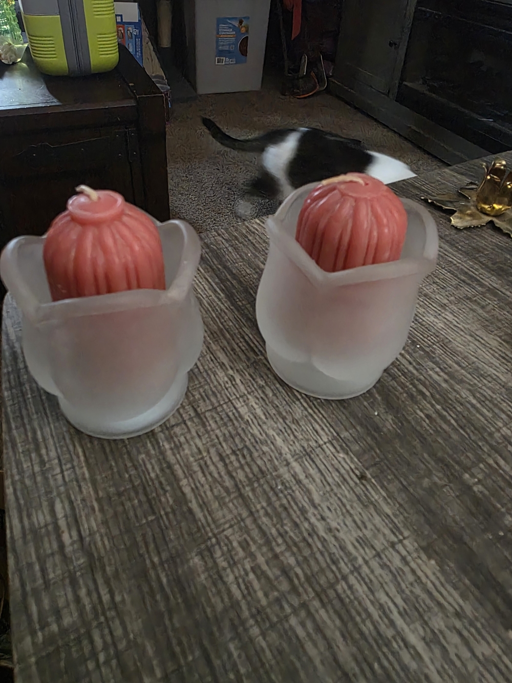Frosted Glass Tulip Candle Holders with Pink Ribbed Candles